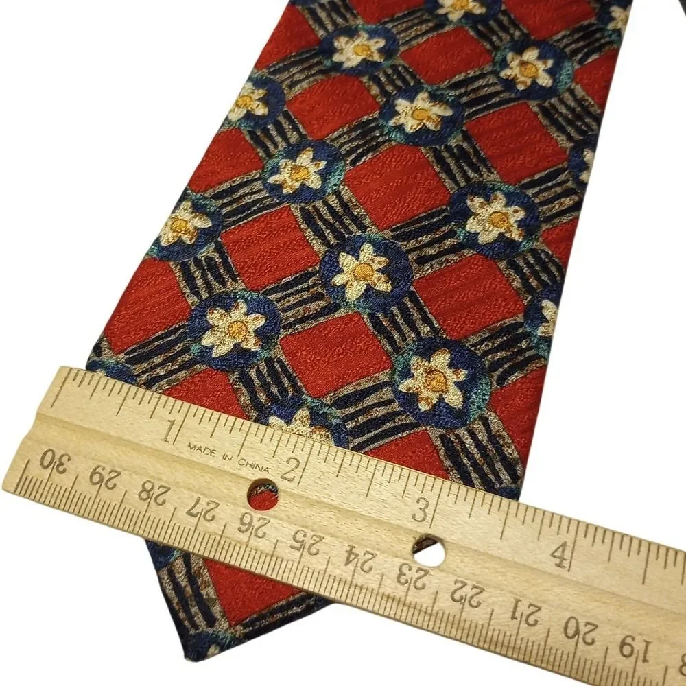 Austin Reed Mens Red Silk Tie Geometric Floral Lattice Navy Gold Pattern Necktie